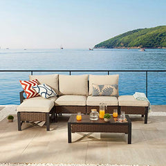 Festival Depot 6 Pieces Patio Outdoor Furniture Conversation Set Sectional Corner Sofa with All-Weather Brown PE Wicker Back Chair, Coffee Table, Ottoman and Thick Soft Removable Couch Cushions