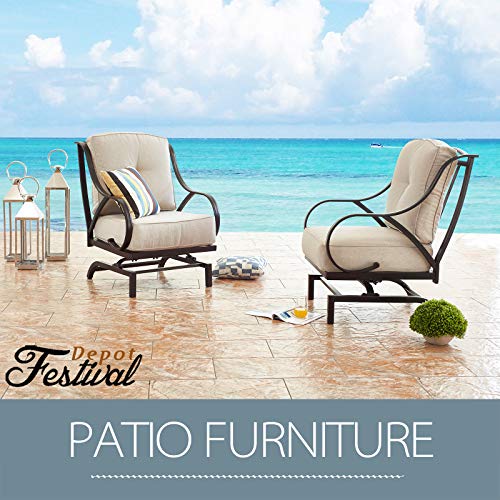 Festival Depot 2 of Outdoor Patio Dining Chairs with Blue Cushions Set Premium Fabric Metal Frame Furniture Set Garden Bistro Seating Chair Thick&Soft Cushions (2pc Dining Chairs) 