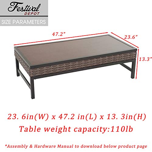 Festival Depot Furniture Dining Bistro Patio Outdoor Side Coffee Table Wicker Rattan Rectangle with Metal Slatted Steel Legs All Weather for Garden Yard 47.2"(L) x 13.3"(H) x 23.6"(W),Brown Black