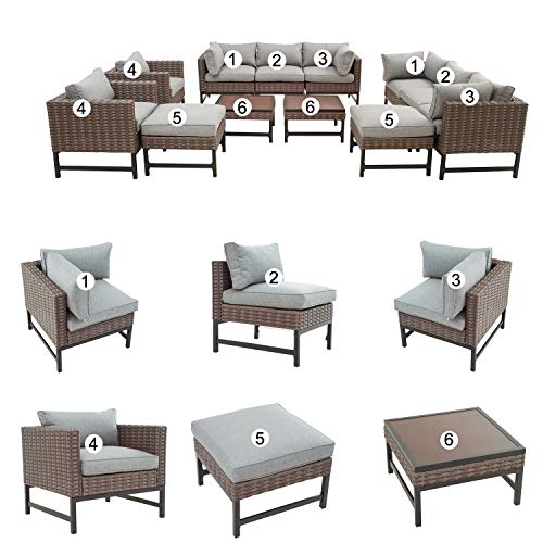 Festival Depot 12 Pieces Patio Conversation Set Outdoor Furniture Combination Sectional Corner Sofa Loveseat All-Weather Wicker Metal Chairs with Seating Back Cushions Side Coffee Table Ottoman,Gray 