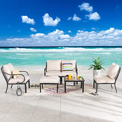 Festival Depot 6pcs Patio Conversation Set Sectional Metal Chairs with Cushions Ottoman and Coffee Table All Weather Outdoor Furniture for Garden Backyard Balcony, Beige