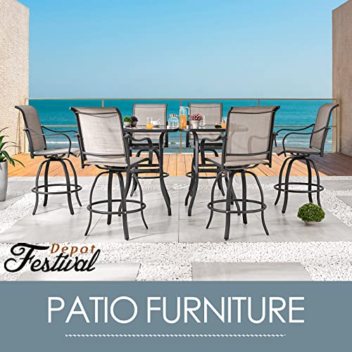 Festival Depot 8 Pcs Patio Dining Set Bar Height Stools Swivel Bistro Chairs with Armrest and Tempered Glass Top Table Metal Outdoor Furniture for Yard (6 Chairs,2 Table) (Taupe) 