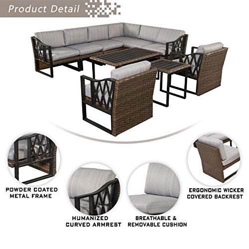 Festival Depot 10Pc Outdoor Furniture Patio Conversation Set Sectional Corner Sofa Chairs All Weather Wicker Ottoman Metal Frame Slatted Coffee Table with Thick Grey Seat Back Cushions Without Pillows 