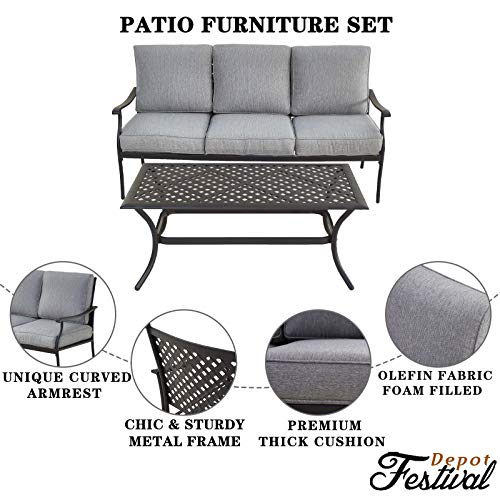 Festival Depot 2 pc Conversation Set Patio Outdoor 3-Seater Sofa Set with Coffee Table Fabric Metal Frame Furniture Garden Bistro Seating Thick Soft Cushions (Beige)