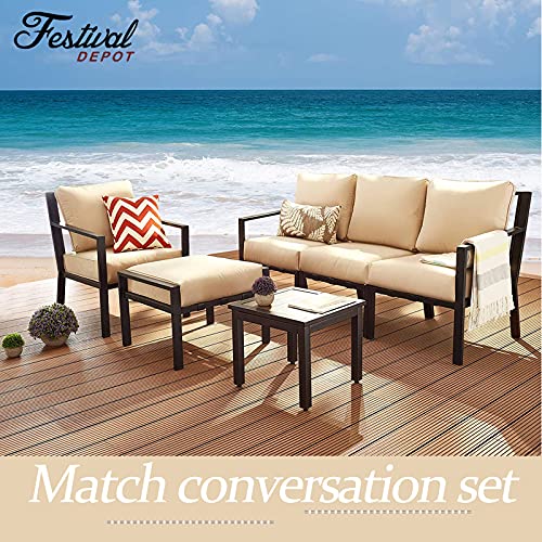 Festival Depot Outdoor Ottoman Patio Footstool with Cushion Small Seat Metal Furniture for Garden Yard Deck, Beige