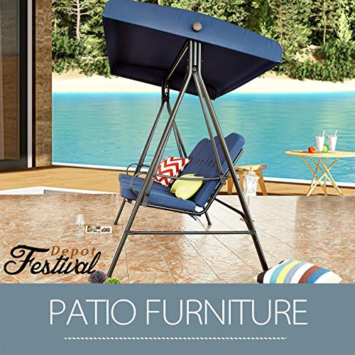 Festival Depot 2-Seats Outdoor Patio Swing Chair with Adjustable Convertible Canopy Hanging Furniture, Removable Thick Cushions, Weather Resistant Steel Frame for Balcony Poolside Deck (Blue) 