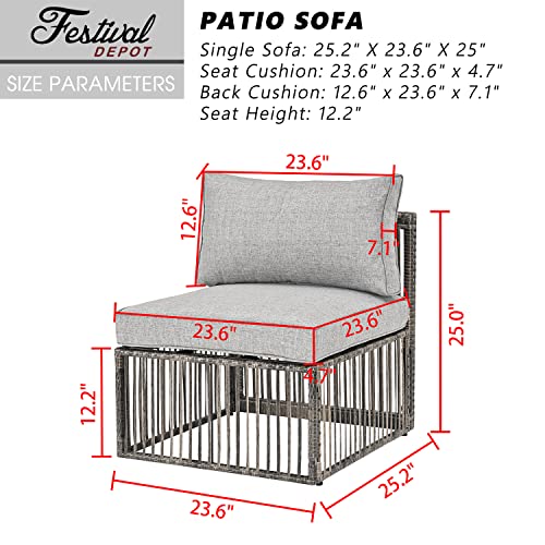 Festival Depot Wicker Patio Single Sofa, Outdoor Armless Chair, All-Weather Brown PE Rattan Couch Chair Waterproof Sectional Furniture for Balcony Garden Pool Lawn Backyard (Grey Thick Cushion)