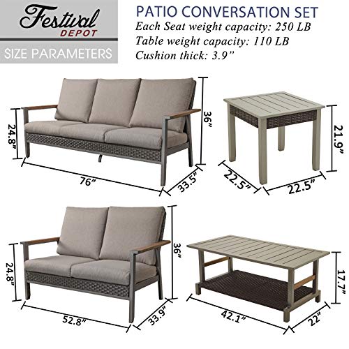Festival Depot 6pcs Patio Conversation Set Wicker Armchair Rattan Loveseat All Weather 3-Seater with Grey Thick Cushions and Side Coffee Table in Metal Frame Outdoor Furniture for Deck Poolside 