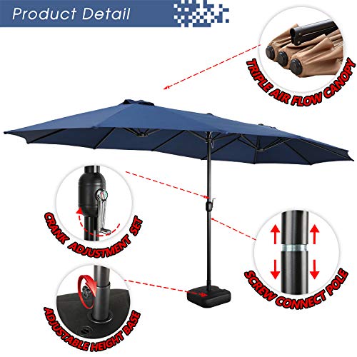 Festival Depot 14.7 ft Patio Outdoor Double-Sided Umbrella Large Twin Market Ventilation Aluminum Crank for Porch, Deck, Backyard and Pool 