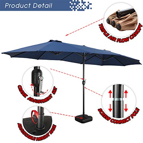 Festival Depot 14.7 ft Patio Outdoor Double-Sided Umbrella Large Twin Market Ventilation Aluminum Crank for Porch, Deck, Backyard and Pool