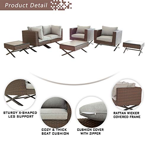 Festival Depot 7pcs Outdoor Furniture Patio Conversation Set Sectional Sofa Chairs with X Shaped Metal Leg All Weather Brown Rattan Wicker Rectangle Square Coffee Table with Grey Seat Back Cushions 
