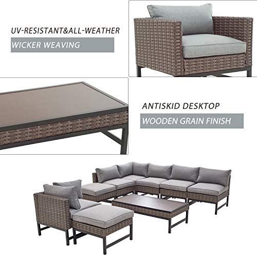 Festival Depot 9 Pieces Outdoor Furniture Patio Conversation Set Combination Sectional Corner Sofa All-Weather Wicker Metal Chairs with Seating Back Cushions Side Coffee Table,Gray 