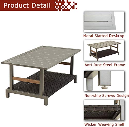 Festival Depot Outdoor Coffee Table Patio Rectangle Metal Dining Table with Wicker Shelf and Steel Legs Grey (42.1"x22"x17.7"H)