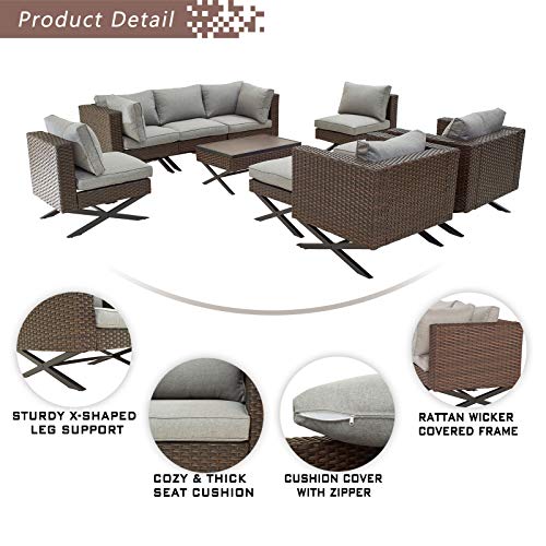 Festival Depot 10pcs Outdoor Furniture Patio Conversation Set Sectional Corner Sofa Chairs with X Shaped Metal Leg All Weather Brown Rattan Wicker Ottoman Coffee Table with Grey Seat Back Cushions