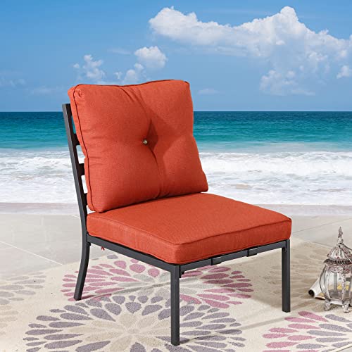 Festival Depot Patio Dining Armless Chair Outdoor Bistro Single Sofa with Removable Thick Cushion Metal Frame All Weather Sectional Conversation Furniture for Backyard Pool Deck Garden (Red)
