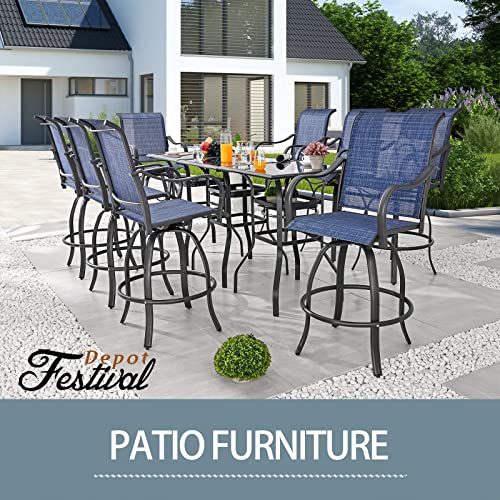 Festival Depot 3 Pcs Patio Bistro Bar Set High Stools Outdoor Furniture with 360° Swivel Armrest Chairs, Coffee Table with Tempered Glass Desktop, Metal Frame for Deck Poolside Garden Porch