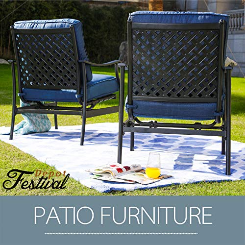 Festival Depot 2 of Outdoor Patio Bistro Armrest Chairs with Cushions Set Premium Fabric Metal Frame Furniture Set Garden Dining Seating Chair Thick & Soft Cushions