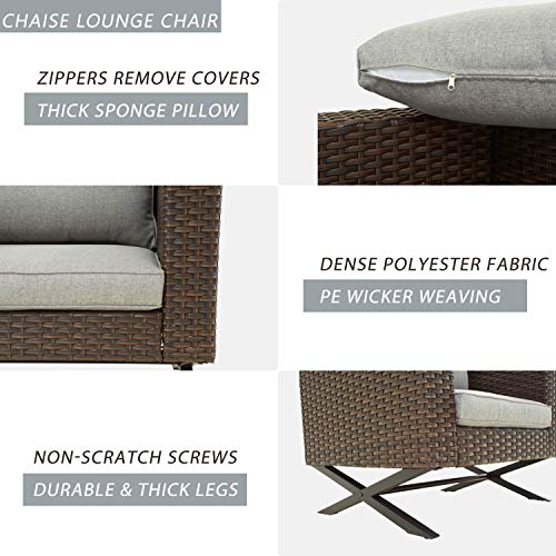 Festival Depot 5 Pieces Patio Outdoor Conversation Brown Wicker Rattan Chairs Cushions Ottomans Set Coffee Square Table Classic Metal Frame Furniture Garden Bistro Seating Grey Thick Soft Cushion 