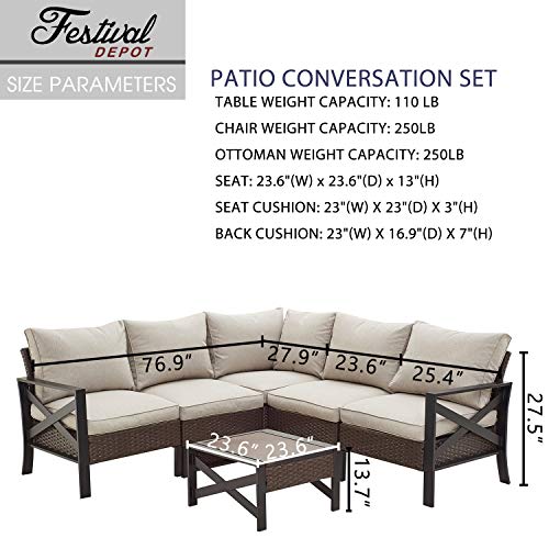 Festival Depot 6 Pcs Patio Outdoor Furniture Conversation Set Sectional Corner Sofa with All-Weather Brown Wicker Back Chair, Coffee Side Table, Ottoman and Soft Thick Removable Couch Cushion
