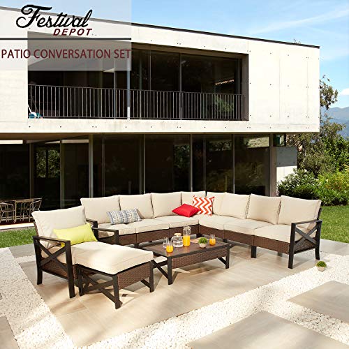 Festival Depot 10 Pcs Patio Outdoor Furniture Conversation Set Sectional Corner Sofa with All-Weather Brown PE Rattan Wicker Chair, Ottoman, Coffee Side Table and Thick Removable Couch Cushions 