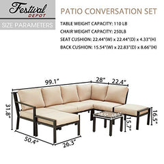 Festival Depot 8-Pieces Patio Outdoor Furniture Conversation Sets Sectional Corner Sofa, All-Weather Black X Slatted Back Chairs with Coffee Side Table and Soft Removable Couch Cushions (Beige)
