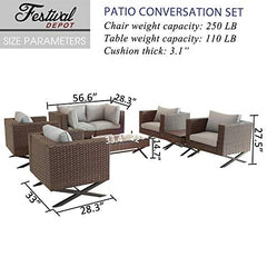 Festival Depot 9 Pcs Outdoor Furniture Patio Conversation Set Sectional Sofa Armchairs with X Shaped Metal Leg All Weather Brown Rattan Wicker Rectangle Square Coffee Table with Grey Seat Back Cushions