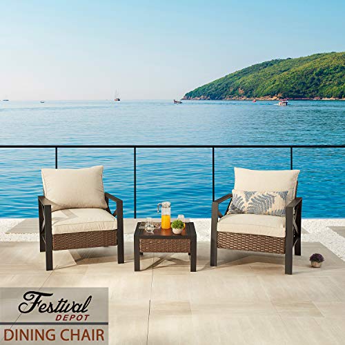 Festival Depot Patio Armchair Wicker Dining Chair with Thick Cushions Outdoor Furniture for Bistro Garden Yard All-Weather