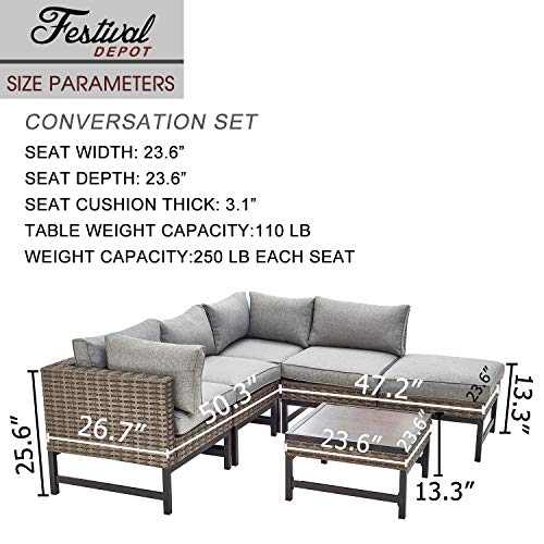Festival Depot 6 Pieces Patio Outdoor Furniture Conversation Sets Chairs Sectional Corner Sofa, All-Weather Black Slatted Back with Coffee Square Table and Thick Soft Removable Couch Cushions (Grey) 