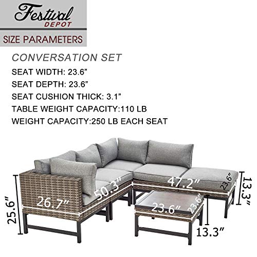 Festival Depot 6 Pieces Patio Outdoor Furniture Conversation Sets Chairs Sectional Corner Sofa, All-Weather Black Slatted Back with Coffee Square Table and Thick Soft Removable Couch Cushions (Grey)