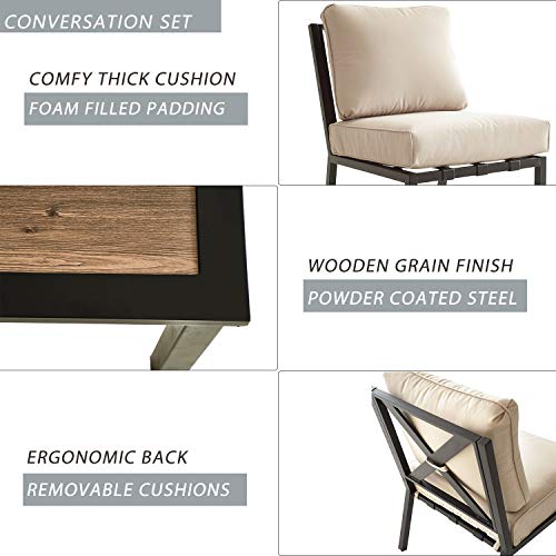 Festival Depot 6-Pieces Patio Outdoor Furniture Conversation Sets Sectional Sofa, All-Weather Black Slatted Back Chairs with Square Coffee Table, Ottoman and Removable Thick Soft Couch Cushions(Beige) 