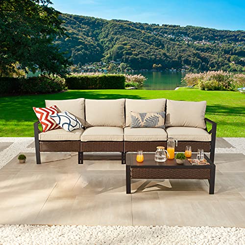 Festival Depot 5 Pieces Patio Furniture Set All-Weather Rattan Wicker Metal Frame Sofa Chair Outdoor Conversation Set Sectional Corner Couch with Cushions and Coffee Table for Deck Poolside