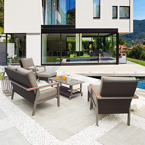 Festival Depot 6pcs Outdoor Furniture Patio Conversation Set Metal Armchair All Weather Rattan Wicker Ottoman Loveseat with Grey Thick Seat Back Cushions and Coffee Table 