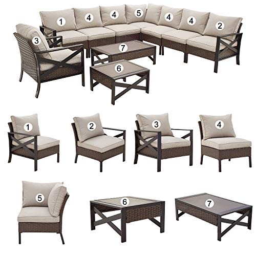 Festival Depot 10 Pcs Patio Outdoor Furniture Conversation Set Sectional Corner Sofa with All-Weather Brown PE Rattan Wicker Back Chair, Coffee Side Table and Thick Removable Couch Cushions 