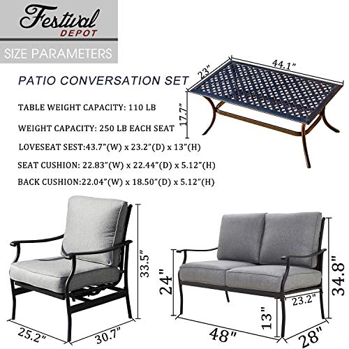 Festival Depot 4pc 4 Seats Patio Conversation Outdoor ArmChairs Loveseat Set with Coffee Table Fabric Metal Frame Furniture Garden Bistro Seating Thick Soft Cushions