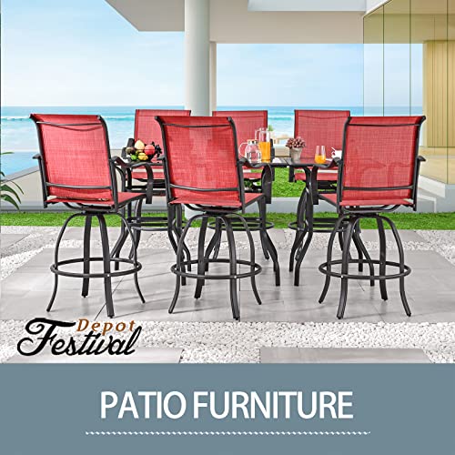 Festival Depot 3 Pcs Patio Bistro Bar Set High Stools Outdoor Furniture with 360° Swivel Armrest Chairs, Coffee Table with Tempered Glass Desktop, Metal Frame for Deck Poolside Garden Porch