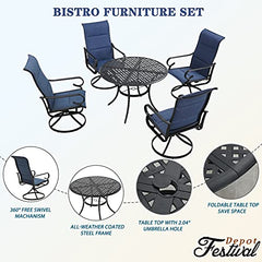 Festival Depot 5 Pieces Patio Dining Conversation Set, Outdoor Furniture 4 Swivel Bistro Armrest Chair & 1 Round Metal Table with 2.04" Umbrella Hole for Deck Poolside Porch Backyard (Blue)