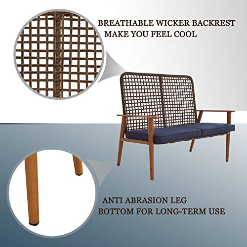 Festival Depot 5 Pieces Patio Outdoor Conversation Set with Metal Side Coffee Table Wooden-Color Steel Chairs Loveseat with Cushions 