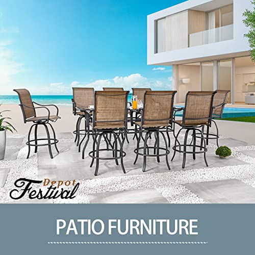 Festival Depot 3 Pcs Patio Bistro Bar Set High Stools Outdoor Furniture with 360° Swivel Armrest Chairs, Coffee Table with Tempered Glass Desktop, Metal Frame for Deck Poolside Garden Porch