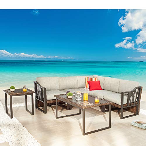 Festival Depot 7pcs Outdoor Furniture Patio Conversation Set Sectional Corner Sofa Chairs All Weather Brown Rattan Wicker Slatted Coffee Table End Table with Grey Thick Seat Back Cushions, Black