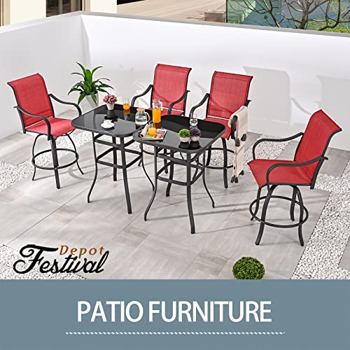 Festival Depot 6-Piece Bar Bistro Patio Outdoor Dining Furniture Sets High Stools 360° Swivel Chairs with Slatted Steel Curved Armrest Square Coffee Side Table Tempered Glass Desktop 
