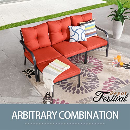 Festival Depot 4 Pcs Patio Conversation Set Sectional Sofa Chair Outdoor Furniture All-Weather Bistro Set with Metal Left&Right-arm Chair Armlesschair Ottoman for Garden Pool Porch Deck Backyard (Red)