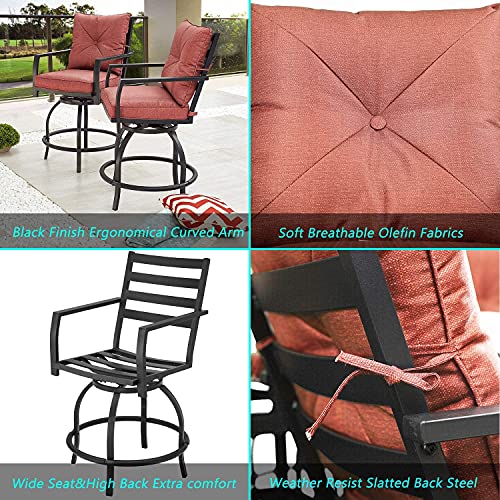 Festival Depot 5pcs Bar Bistro Outdoor Patio Furniture Set High Stool 360° Swivel Armrest Chairs with Comfort Cushion Square DPC Desktop Wood Grain Table Top Metal Steel Frame Leg All-Weather (Red) 