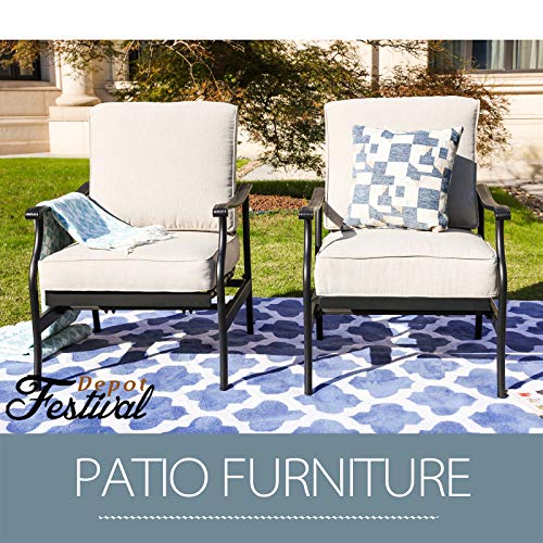 Festival Depot 2 of Outdoor Patio Bistro Armrest Chairs with Cushions Set Premium Fabric Metal Frame Furniture Set Garden Dining Seating Chair Thick & Soft Cushions