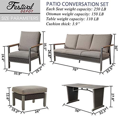 Festival Depot 6pcs Patio Conversation Set Metal Armchair All Weather Wicker Ottoman Rattan 3-Seater Sofa with Grey Thick Cushions and Dining Table Outdoor Furniture for Deck Poolside 