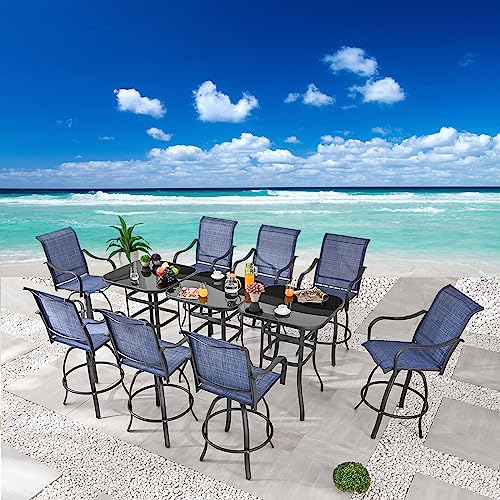 Festival Depot 11 Pcs Patio Dining Set Bar Height Stools Swivel Bistro Chairs with Armrest and Tempered Glass Top Table Metal Outdoor Furniture for Yard (8 Chairs, 3 Table, Blue)