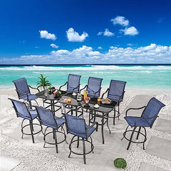 Festival Depot 11 Pcs Patio Dining Set Bar Height Stools Swivel Bistro Chairs with Armrest and Tempered Glass Top Table Metal Outdoor Furniture for Yard (8 Chairs, 3 Table, Blue)
