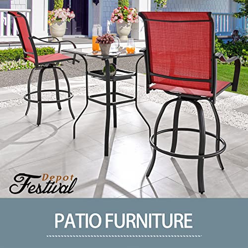 Festival Depot 3 Pcs Patio Bistro Bar Set High Stools Outdoor Furniture with 360° Swivel Armrest Chairs, Coffee Table with Tempered Glass Desktop, Metal Frame for Deck Poolside Garden Porch