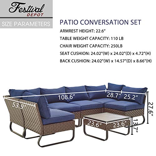 Festival Depot 7 Pieces Patio Outdoor Furniture Conversation Sets Sectional Corner Sofa with All-Weather PE Rattan Wicker Back Chair, Coffee Side Table and Soft Removable Couch Cushions (Blue) 