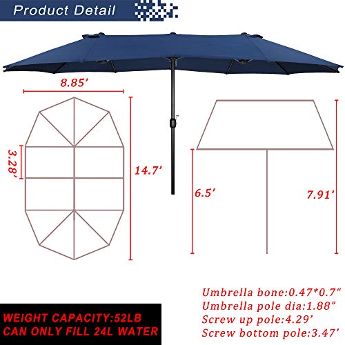 Festival Depot 14.7 ft Patio Outdoor Double-Sided Umbrella Large Twin Market Ventilation Aluminum Crank for Porch, Deck, Backyard and Pool 