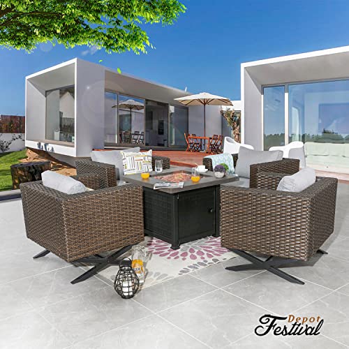 Sports Festival Fire Pit Table Set of Propane Fire Table and 4 Wicker Chairs with Thick Cushions for Patio Rattan Outdoor Furniture, CSA Certification 